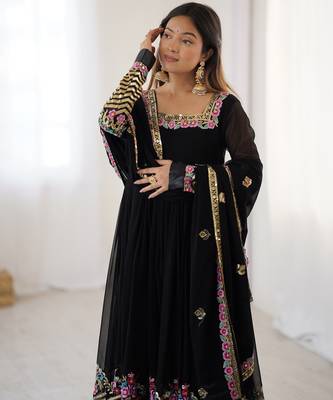 Heavy faux georgette embroidery work black readymade gown 4