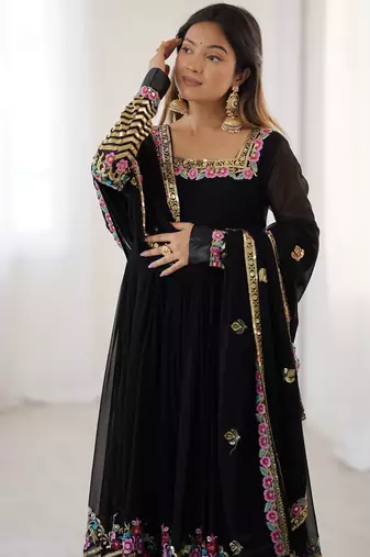 Heavy faux georgette embroidery work black readymade gown