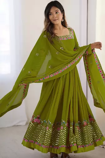Heavy faux georgette embroidery work lemon readymade gown