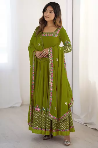 Heavy faux georgette embroidery work lemon readymade gown