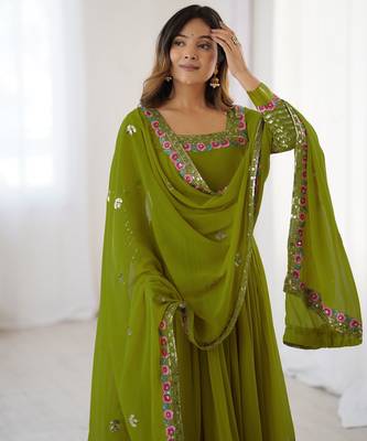 Heavy faux georgette embroidery work lemon readymade gown 4