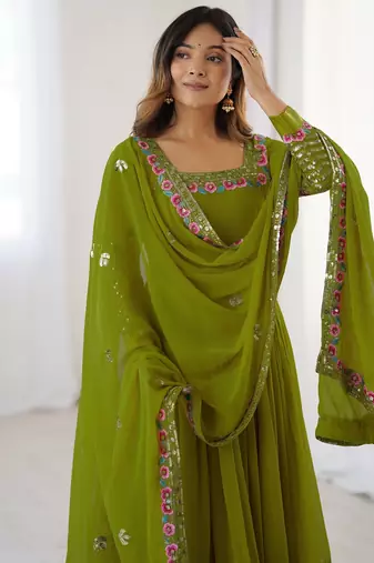 Heavy faux georgette embroidery work lemon readymade gown