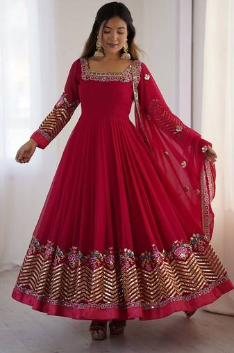 Heavy faux georgette embroidery work rani pink readymade gown