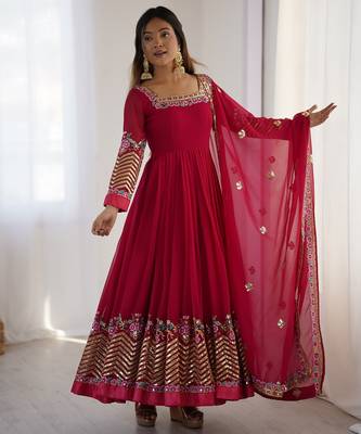 Heavy faux georgette embroidery work rani pink readymade gown 2