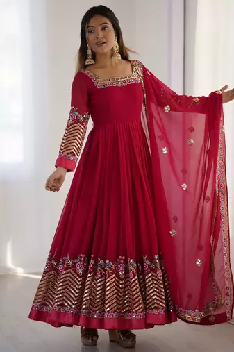 Heavy faux georgette embroidery work rani pink readymade gown