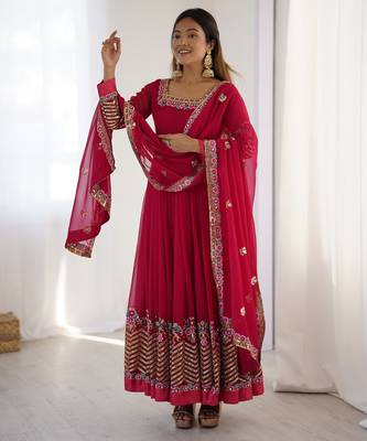 Heavy faux georgette embroidery work rani pink readymade gown 3