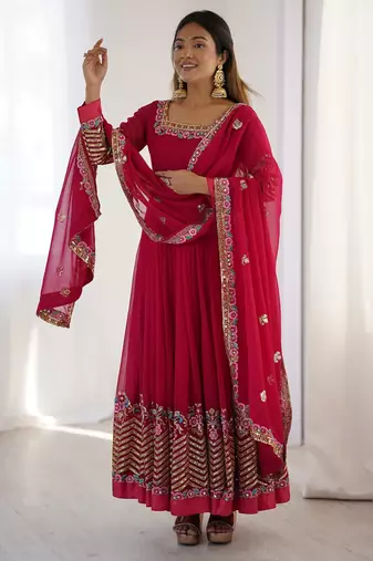 Heavy faux georgette embroidery work rani pink readymade gown
