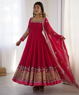 Heavy faux georgette embroidery work rani pink readymade gown 4