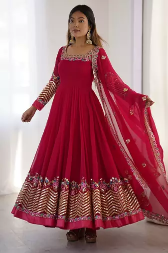 Heavy faux georgette embroidery work rani pink readymade gown