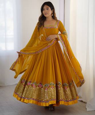 Heavy faux georgette embroidery work yellow readymade gown 1