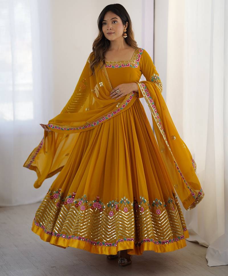 Heavy faux georgette embroidery work yellow readymade gown