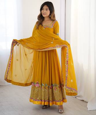 Heavy faux georgette embroidery work yellow readymade gown 2