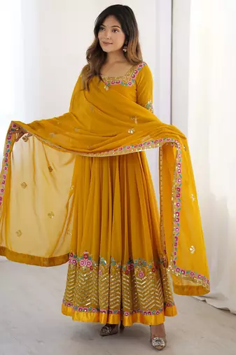 Heavy faux georgette embroidery work yellow readymade gown