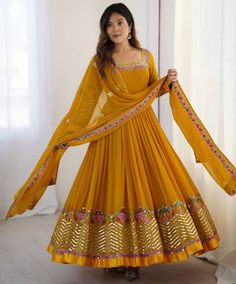 Heavy faux georgette embroidery work yellow readymade gown 3