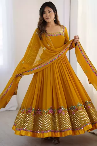 Heavy faux georgette embroidery work yellow readymade gown