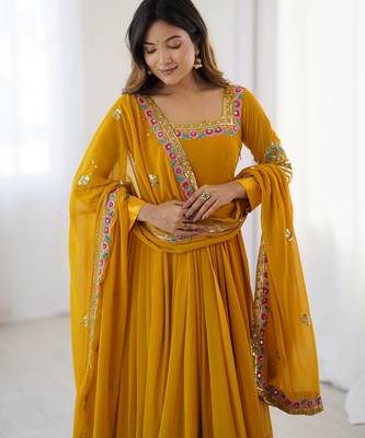 Heavy faux georgette embroidery work yellow readymade gown 4