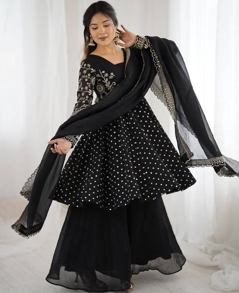 pure silk embroidery black readymade salwar suit