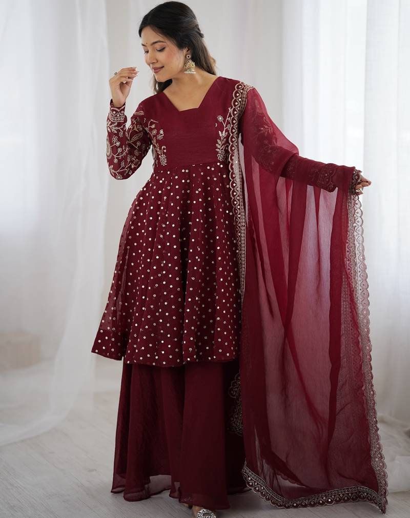 pure silk embroidery maroon readymade salwar suit