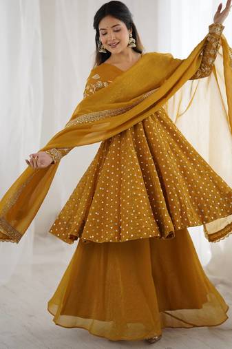 pure silk embroidery mustard readymade salwar suit