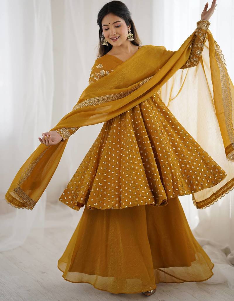 pure silk embroidery mustard readymade salwar suit