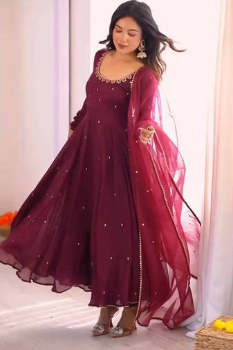 Georgette embroidery  work wine readymade gown