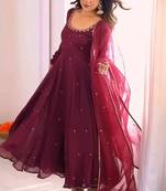 Georgette embroidery  work wine readymade gown