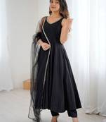  Black Lace Work Chanderi Silk Anarkali Suit With Dupatta
