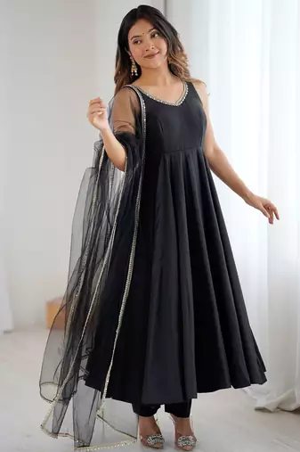 Black Lace Work Chanderi Silk Anarkali Suit With Dupatta