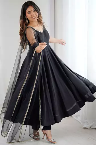  Black Lace Work Chanderi Silk Anarkali Suit With Dupatta