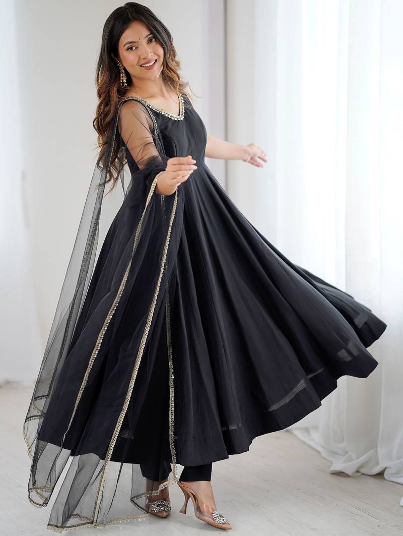  Black Lace Work Chanderi Silk Anarkali Suit With Dupatta