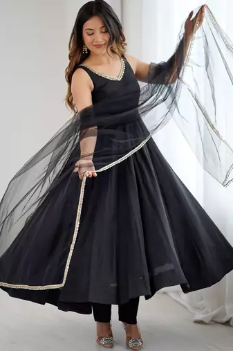  Black Lace Work Chanderi Silk Anarkali Suit With Dupatta