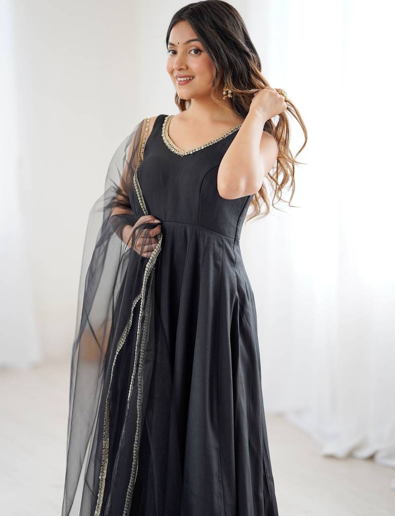  Black Lace Work Chanderi Silk Anarkali Suit With Dupatta