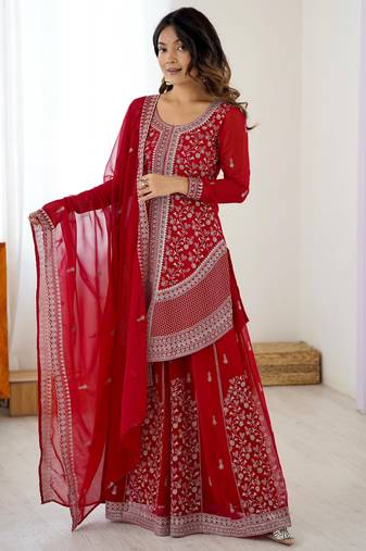 Designer Faux Georgette Embroidered Top with Shaded Chinon Silk palazzo & Dupatta | Sequin & Thread Work 