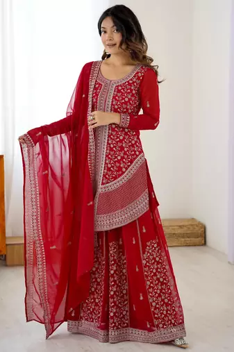 Designer Faux Georgette Embroidered Top with Shaded Chinon Silk palazzo & Dupatta | Sequin & Thread Work 