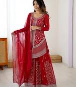 Designer Faux Georgette Embroidered Top with Shaded Chinon Silk palazzo & Dupatta | Sequin & Thread Work 