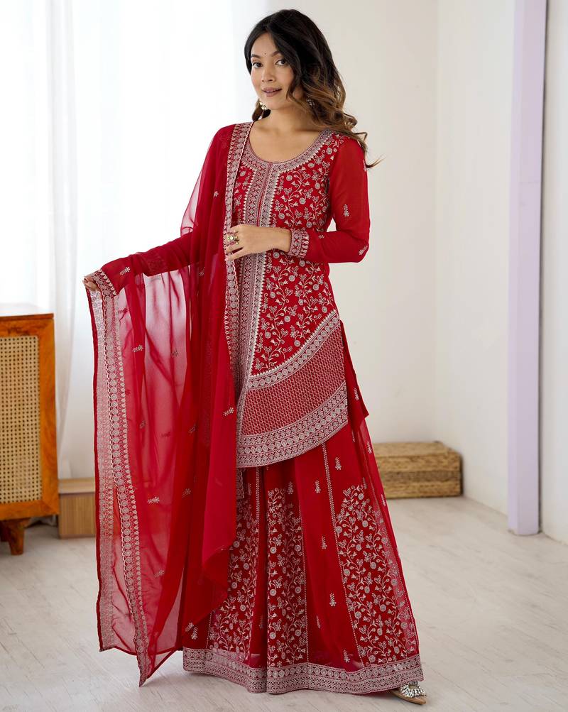 Designer Faux Georgette Embroidered Top with Shaded Chinon Silk palazzo & Dupatta | Sequin & Thread Work 