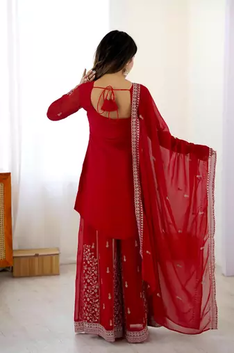  faux georgette embroidered top with shaded chinon silk palazzo & dupatta