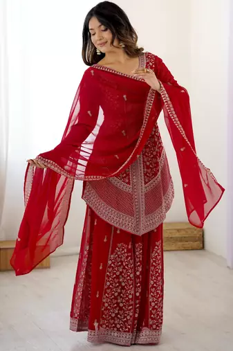  faux georgette embroidered top with shaded chinon silk palazzo & dupatta