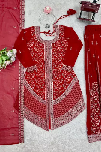  faux georgette embroidered top with shaded chinon silk palazzo & dupatta