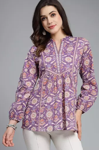 Royal purple floral printed a-line top