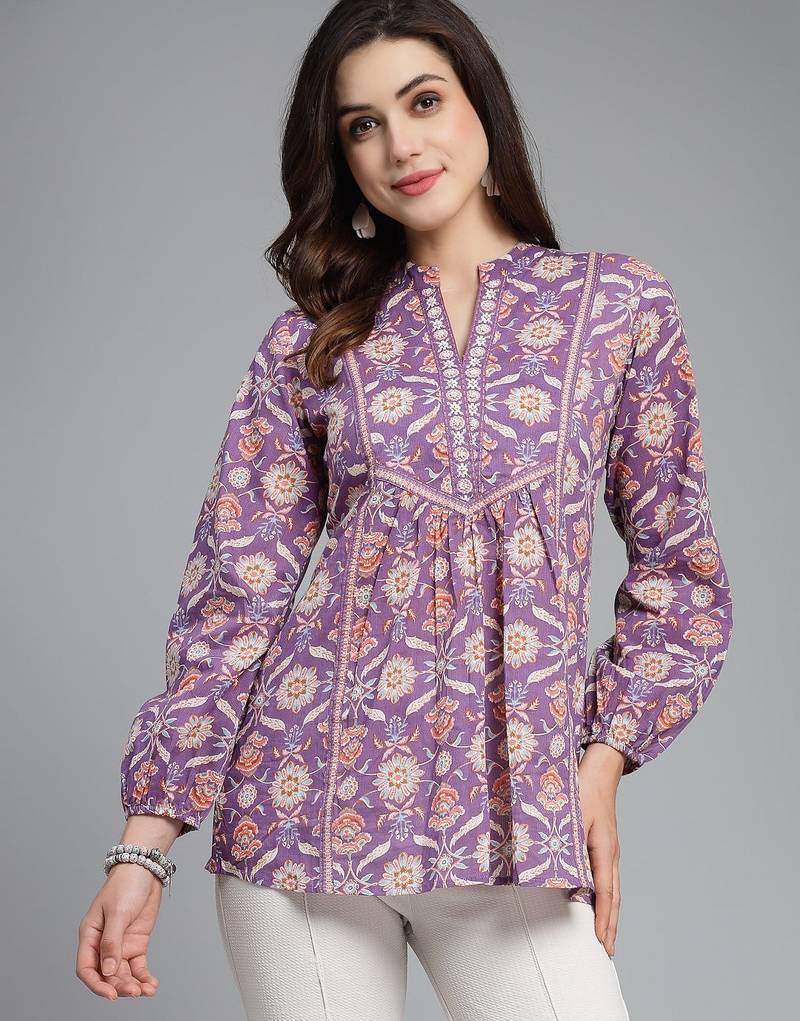Royal purple floral printed a-line top
