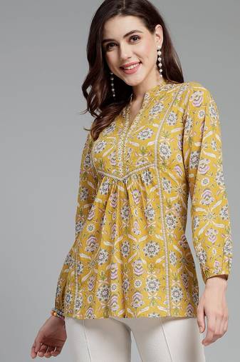 Yellow floral printed a-line top
