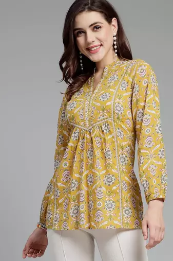 Yellow floral printed a-line top