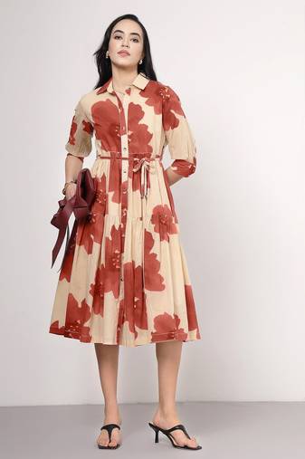 Beige fit and flare midi dress