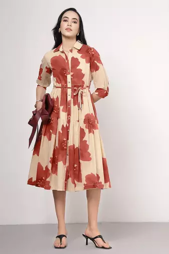 Beige fit and flare midi dress