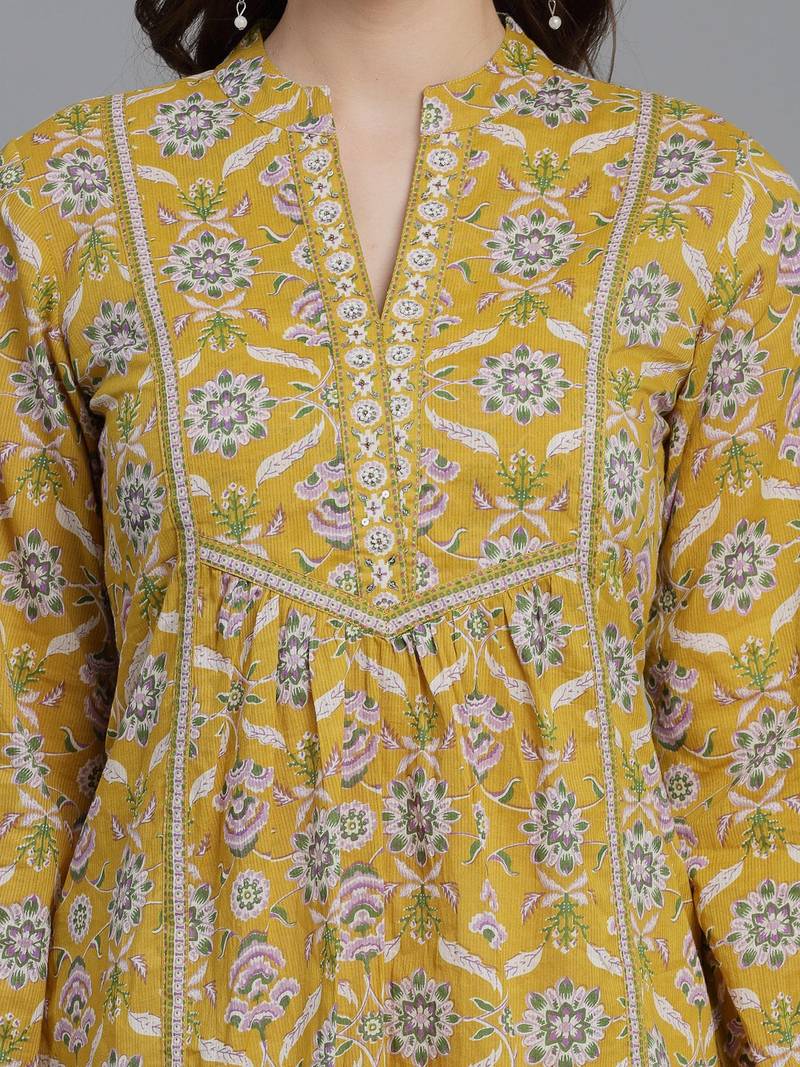 Yellow floral printed a-line top