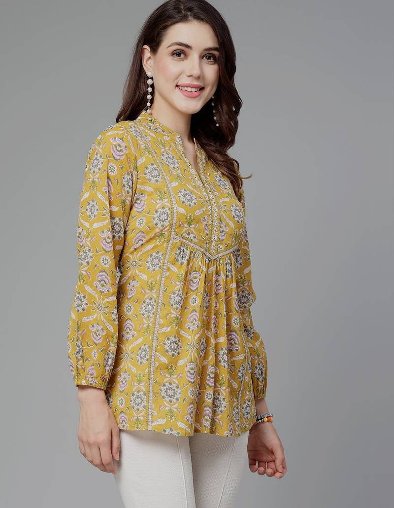 Yellow floral printed a-line top
