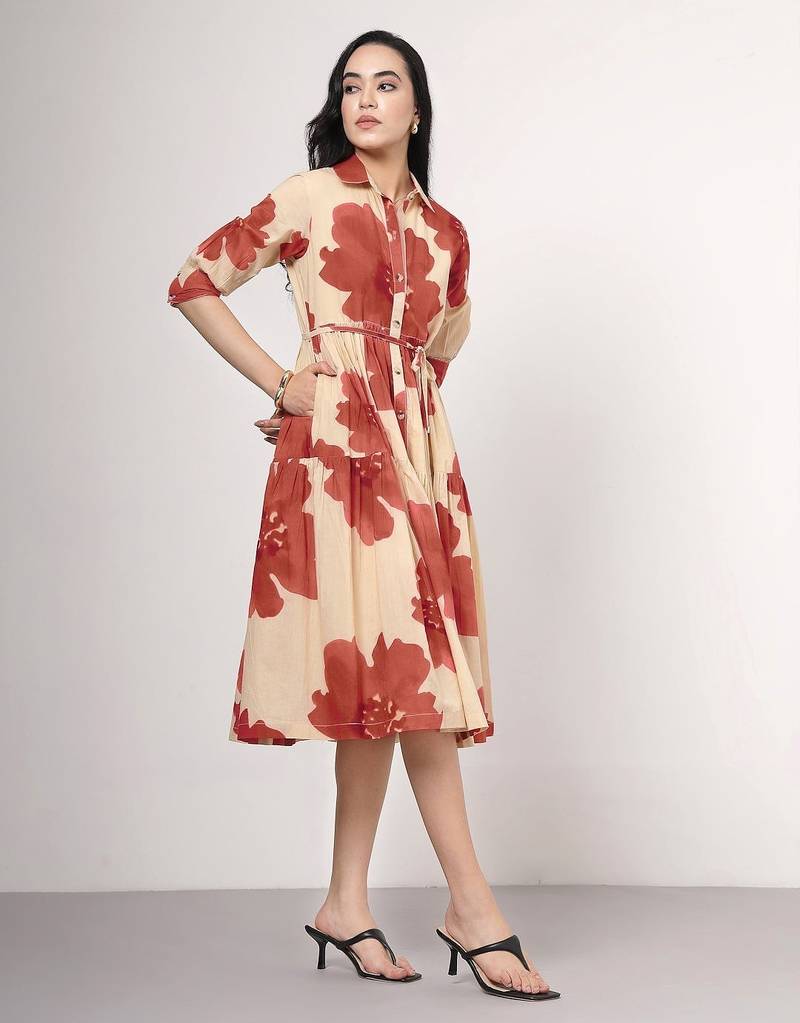 Beige fit and flare midi dress