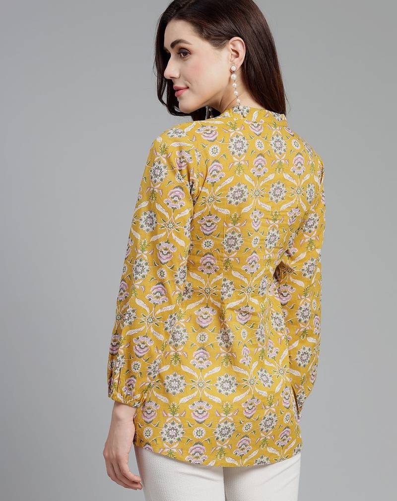 Yellow floral printed a-line top