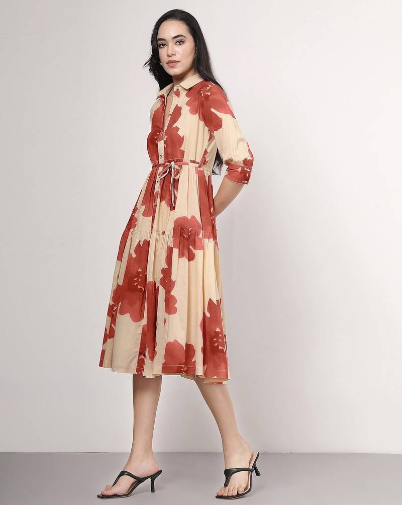 Beige fit and flare midi dress